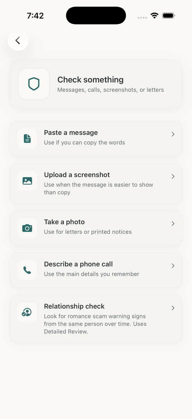 Olevo check method screen with paste, screenshot, photo, phone call, and Relationship check options.