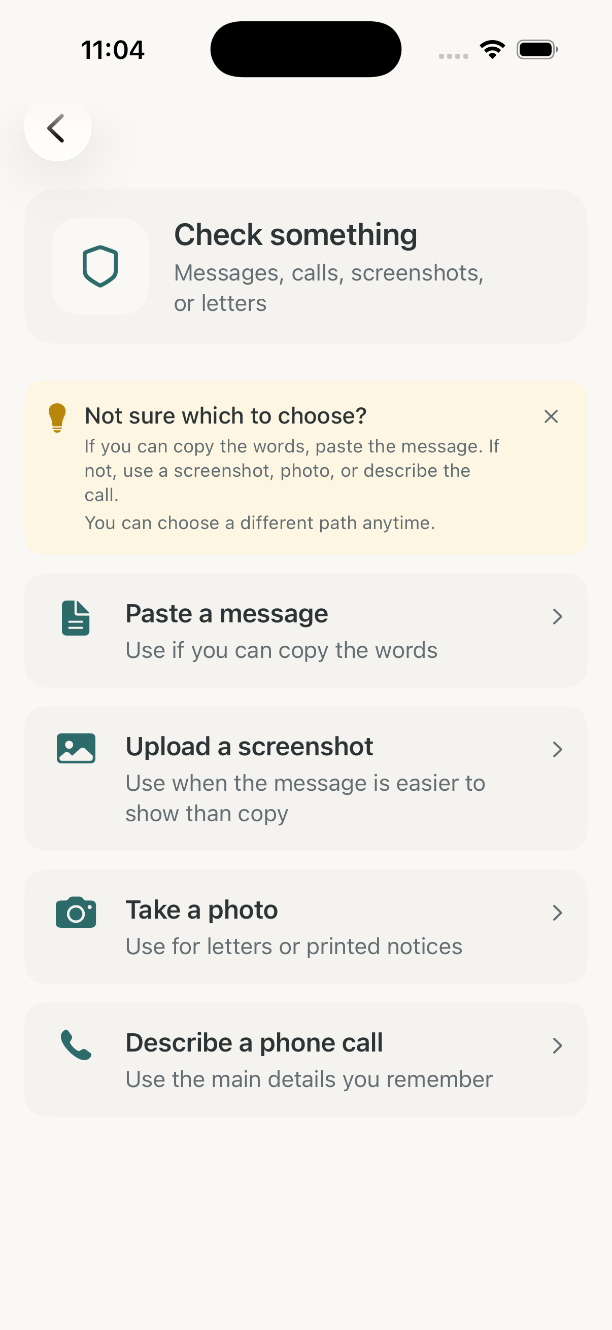 Olevo check method screen with options to paste text, add a screenshot, photograph a letter, or describe a call.
