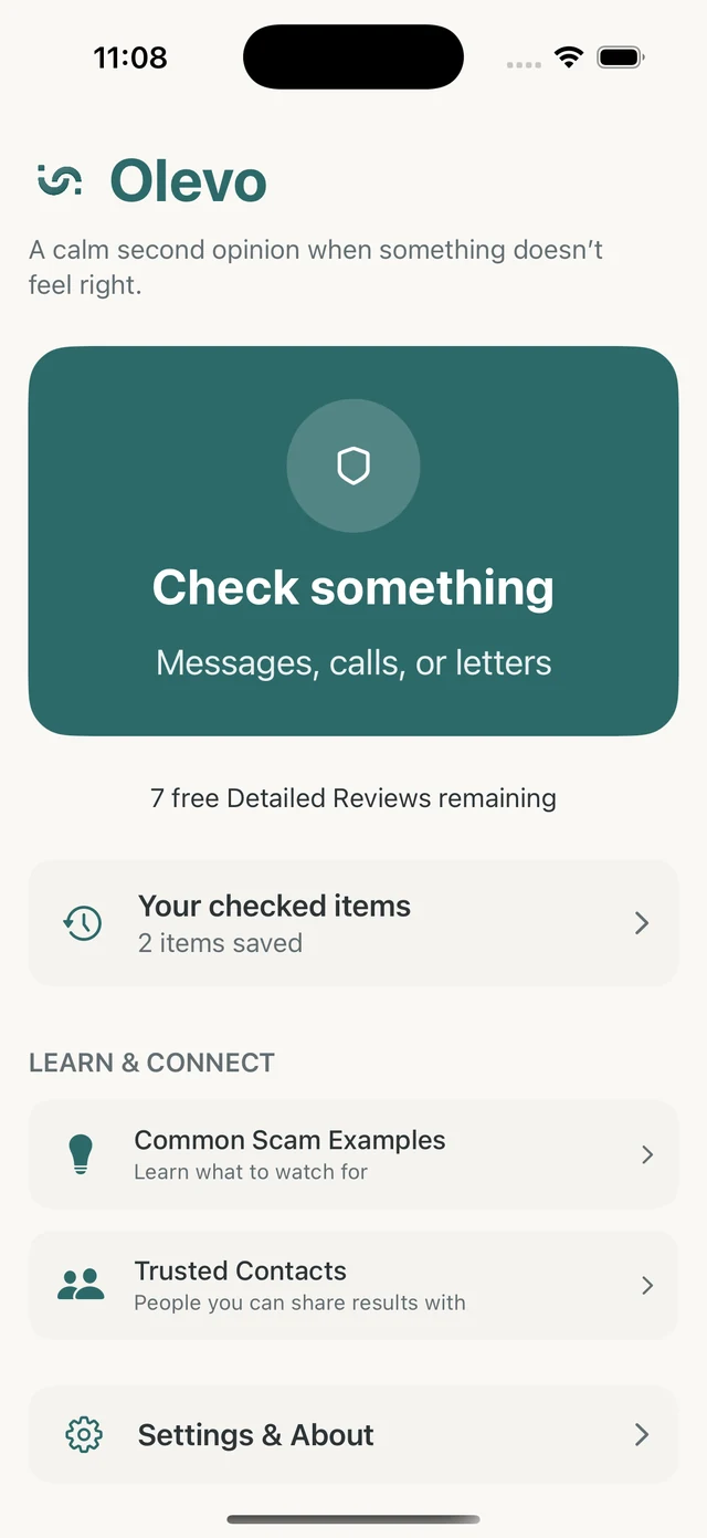 Olevo home screen showing the check card, checked items, and trusted contacts.