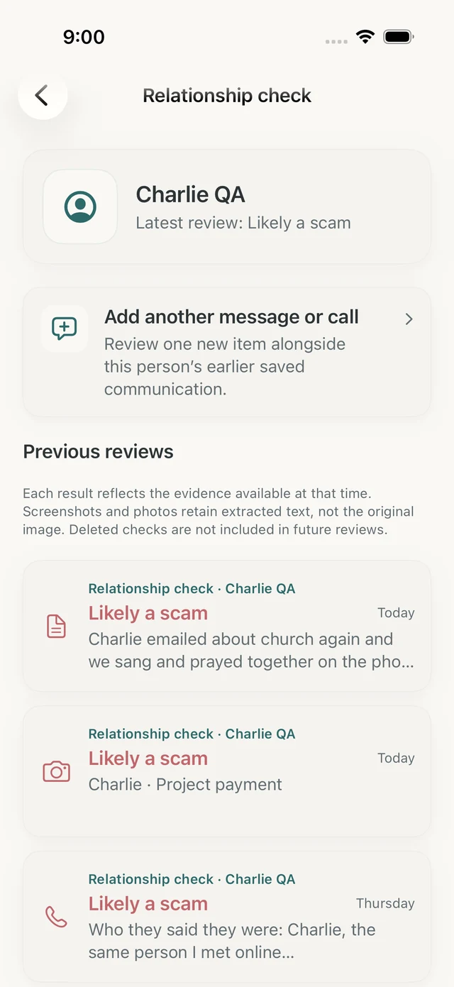 Olevo Relationship check history for a fictional demonstration person, showing previous reviews and the option to add another message or call.