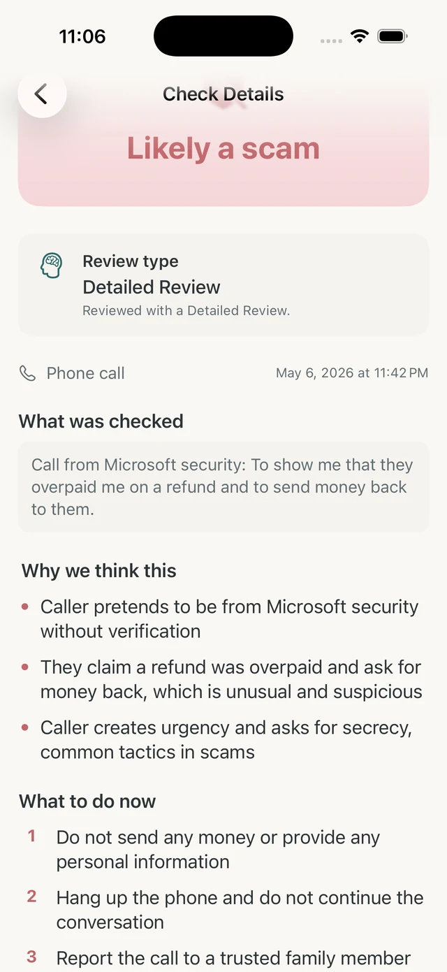 Olevo result details screen showing a likely scam result, reasons, and next steps.