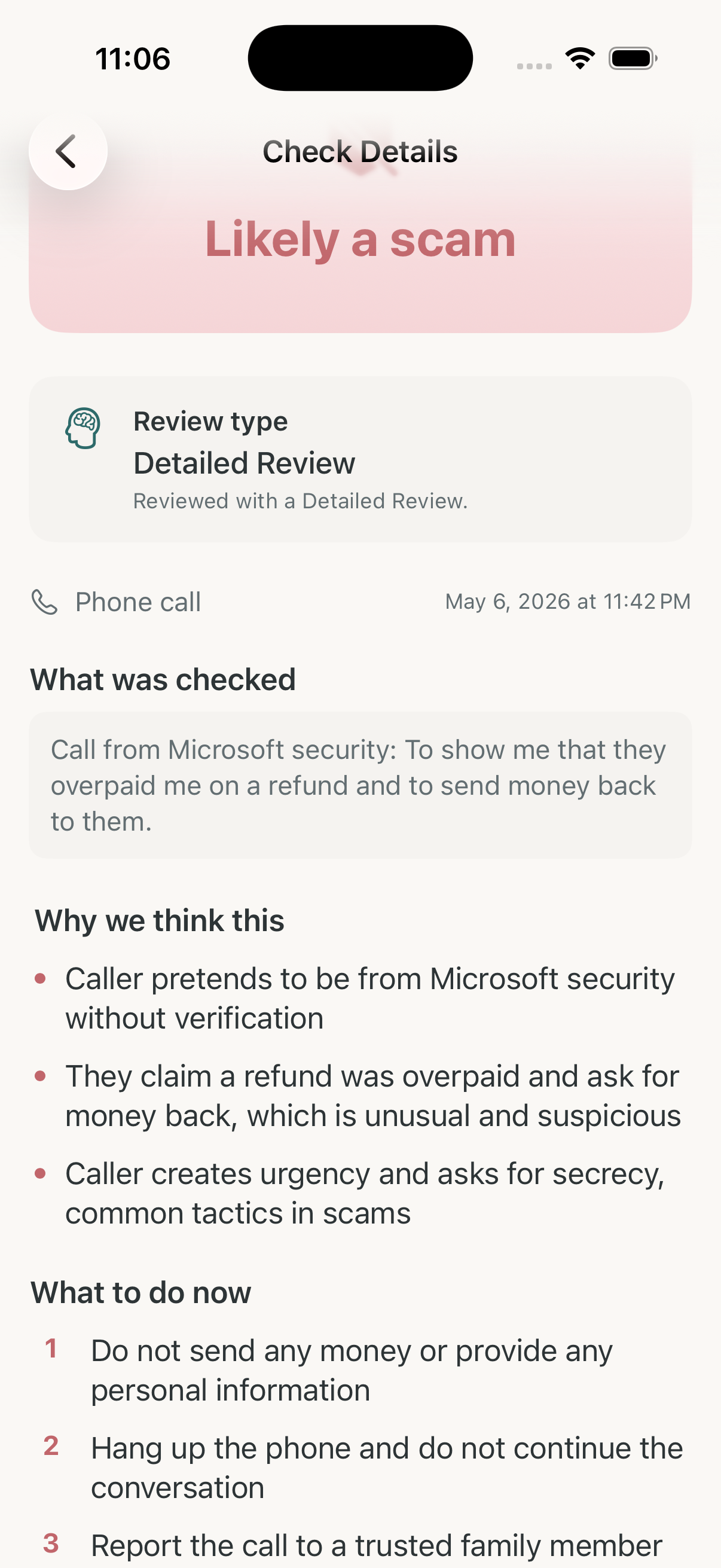 Olevo review screen showing reasons, warning signs, and next steps after a suspicious call check.